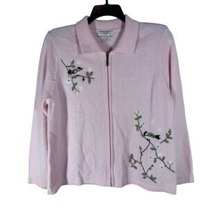 Allison Daley 3-D Knit Floral Bird‎ Full Zip Sweater Women's Large Petite Granny